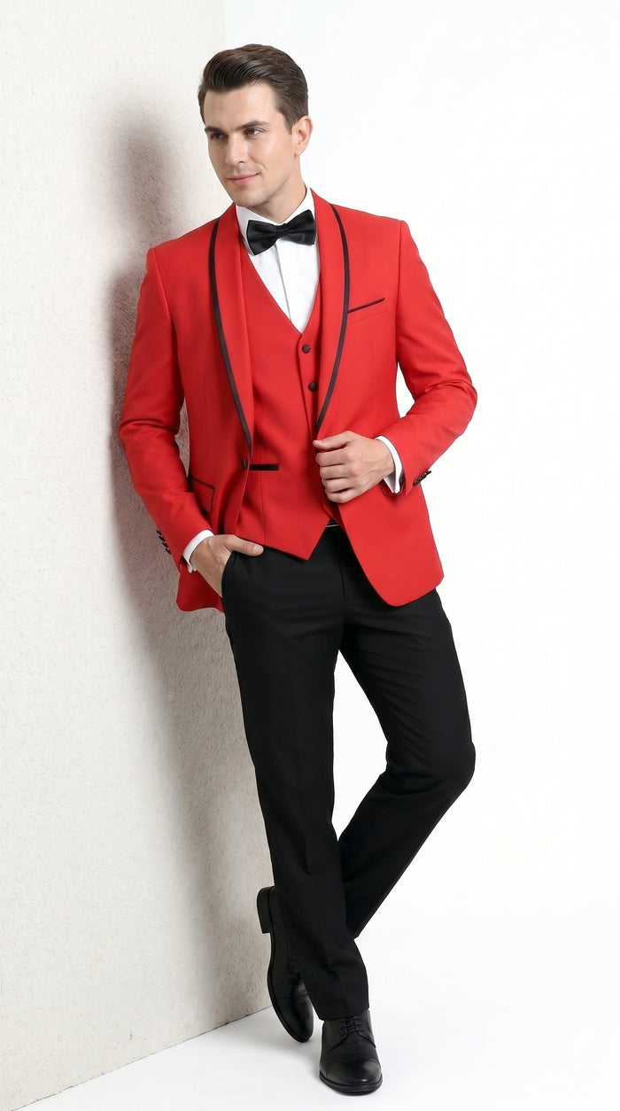 Men’s Red and Black One Button Shawl Tuxedo with Satin Trim, Formal Wedding Prom Dinner Suit