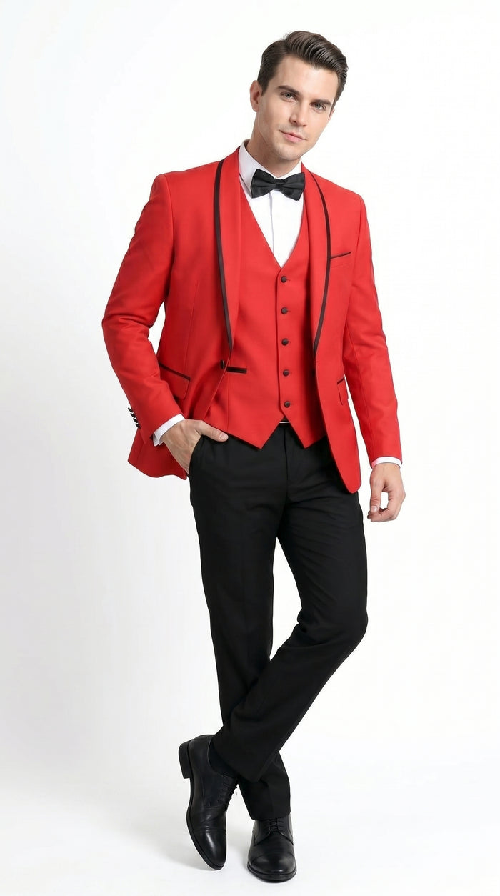 Men’s Red and Black One Button Shawl Tuxedo with Satin Trim, Formal Wedding Prom Dinner Suit