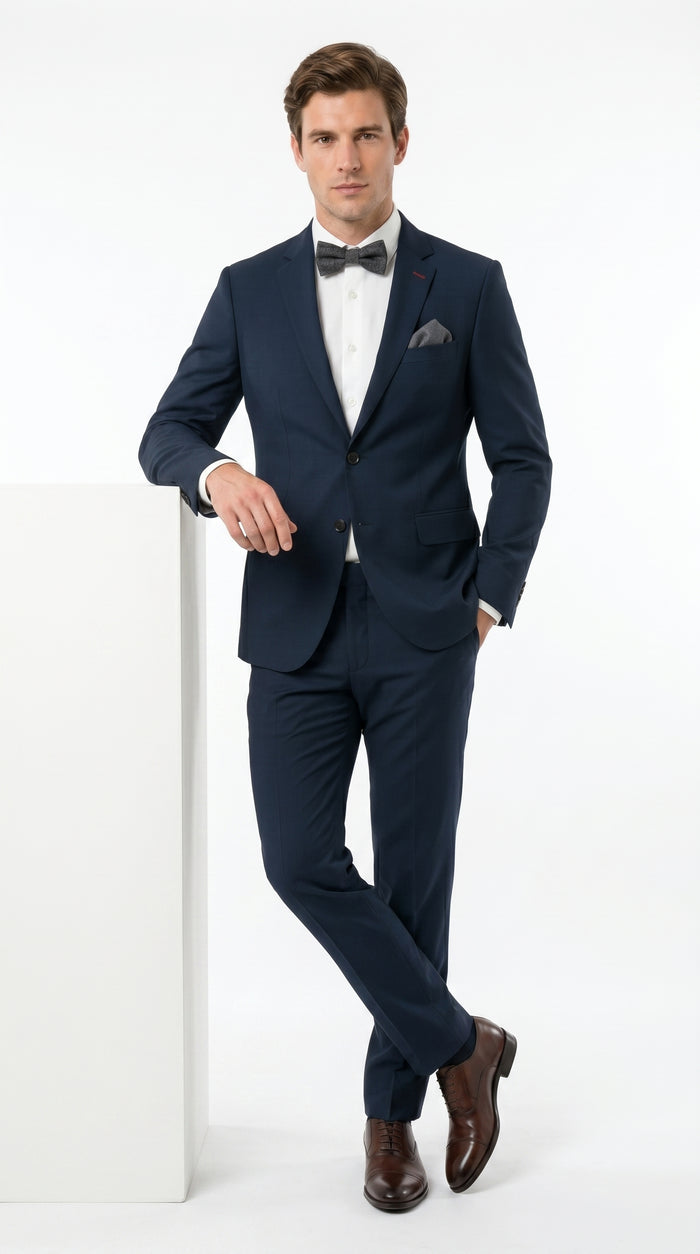 Statement Men’s 100% Wool 2 Piece Italian Made Suit, Subtle Texture Business Formal Suit in Black and Navy