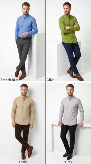 Men’s Cotton Blend Mandarin Collar Shirt, Banded Collar Dress Shirt in Yellow, Lavender, Khaki, Red, Grey, Pink, Mustard, Light Blue, Cream, French Blue, Olive, White, Brown, Purple and Green