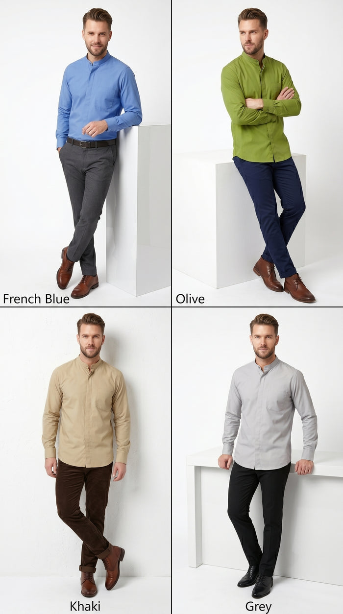 Men’s Cotton Blend Mandarin Collar Shirt, Banded Collar Dress Shirt in Yellow, Lavender, Khaki, Red, Grey, Pink, Mustard, Light Blue, Cream, French Blue, Olive, White, Brown, Purple and Green
