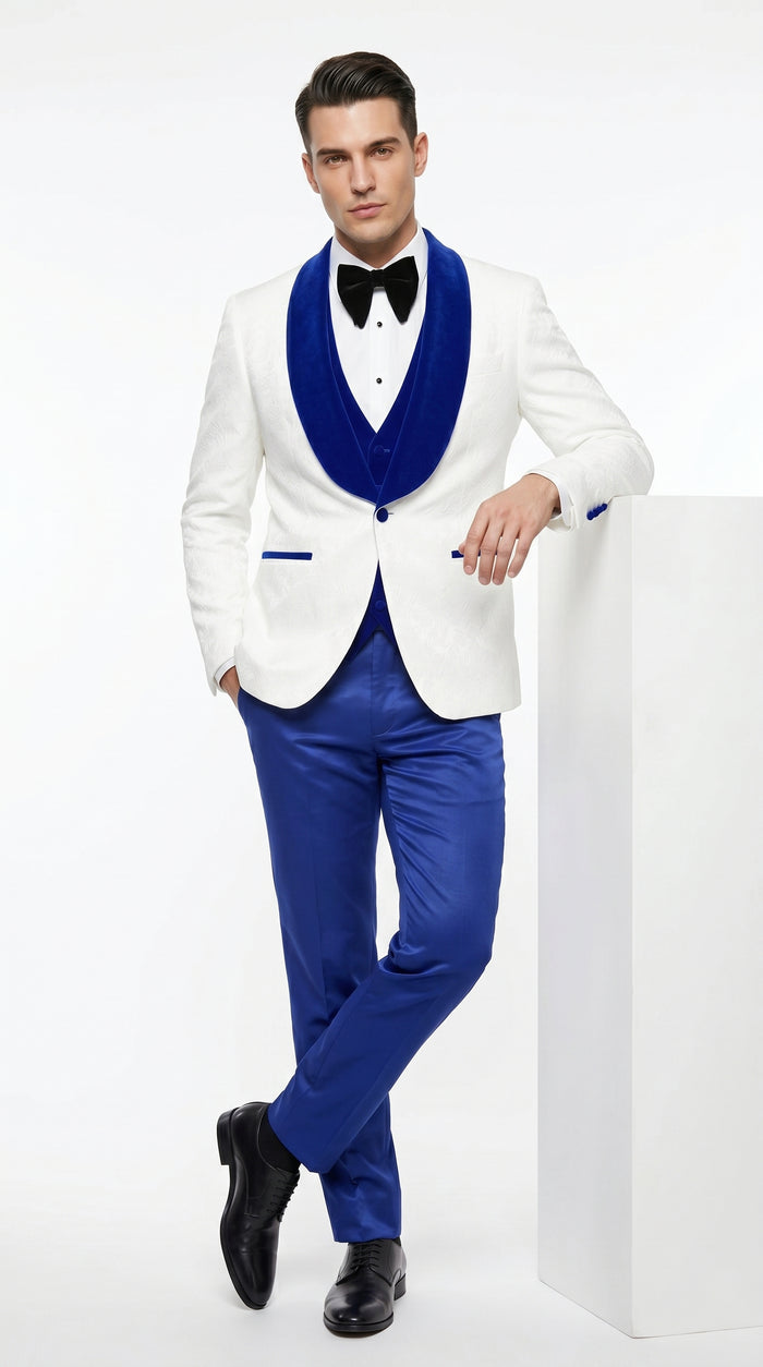Men’s White Paisley Wedding Tuxedo with Royal Blue Velvet Shawl Lapel, Vested Prom Formal Suit Set