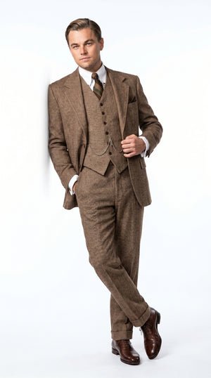 Men’s Light Brown Tweed Herringbone 3 Piece Great Gatsby Suit, Vested Vintage Wedding Formal Suit Set