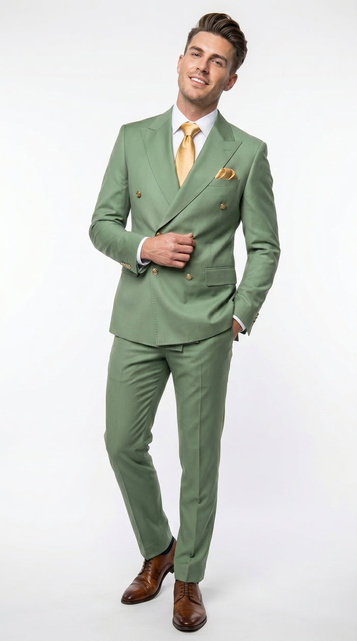 Men’s Sage Green Double Breasted 2 Piece Suit with Gold Buttons, Pistachio Formal Dress Suit
