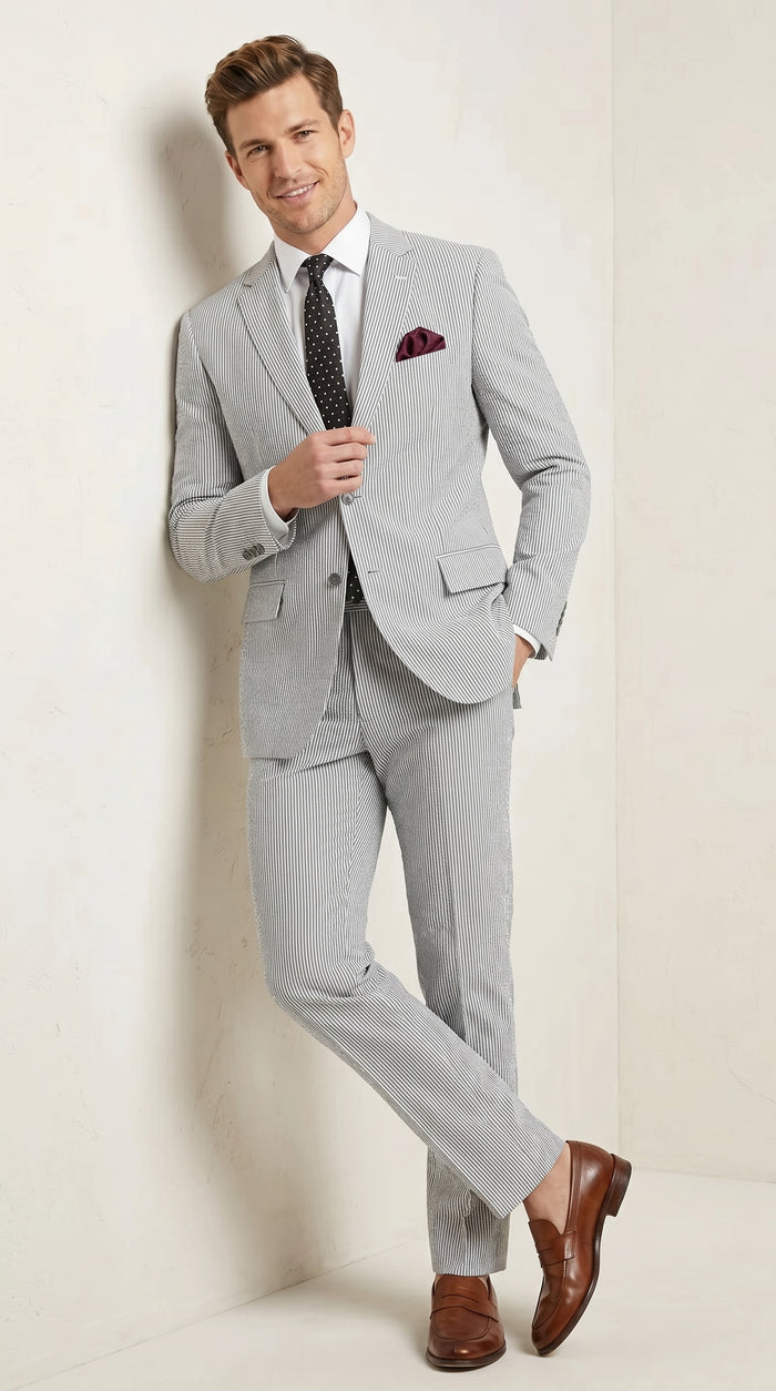 Men’s Black Pinstripe Summer Seersucker 2 Piece Suit with Jacket and Matching Pants