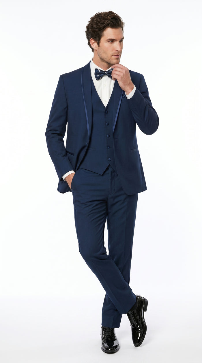 Men’s Sapphire Blue Vested Shawl Lapel Tuxedo with Satin Trim, Formal Wedding Prom Dinner Suit Set