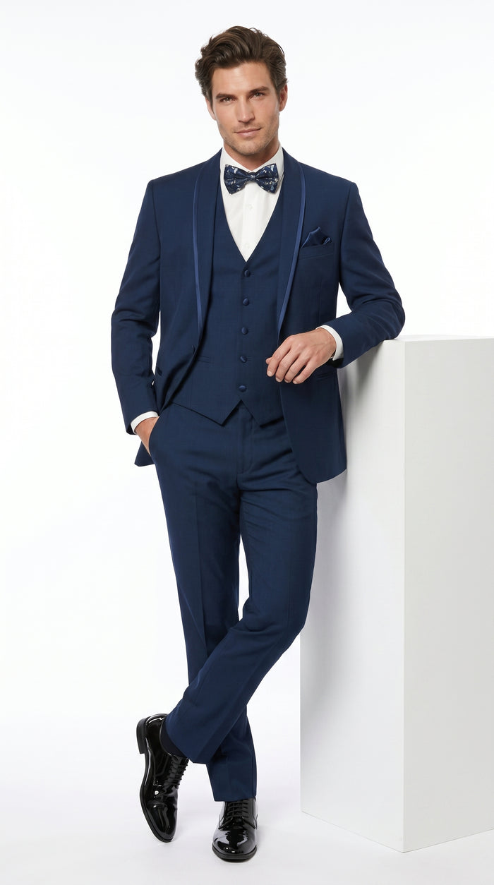Men’s Sapphire Blue Vested Shawl Lapel Tuxedo with Satin Trim, Formal Wedding Prom Dinner Suit Set