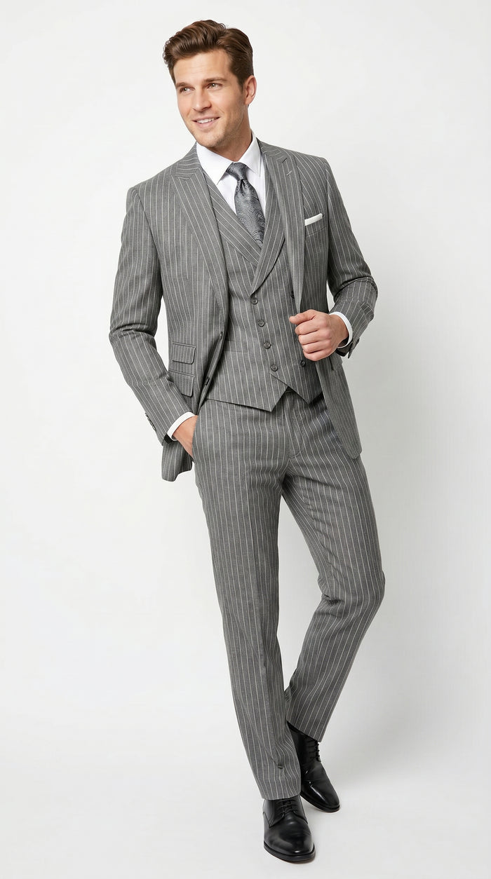 Men’s Gray Gangster Pinstripe 3 Piece Suit with 2 Button Jacket and Double Breasted Vest