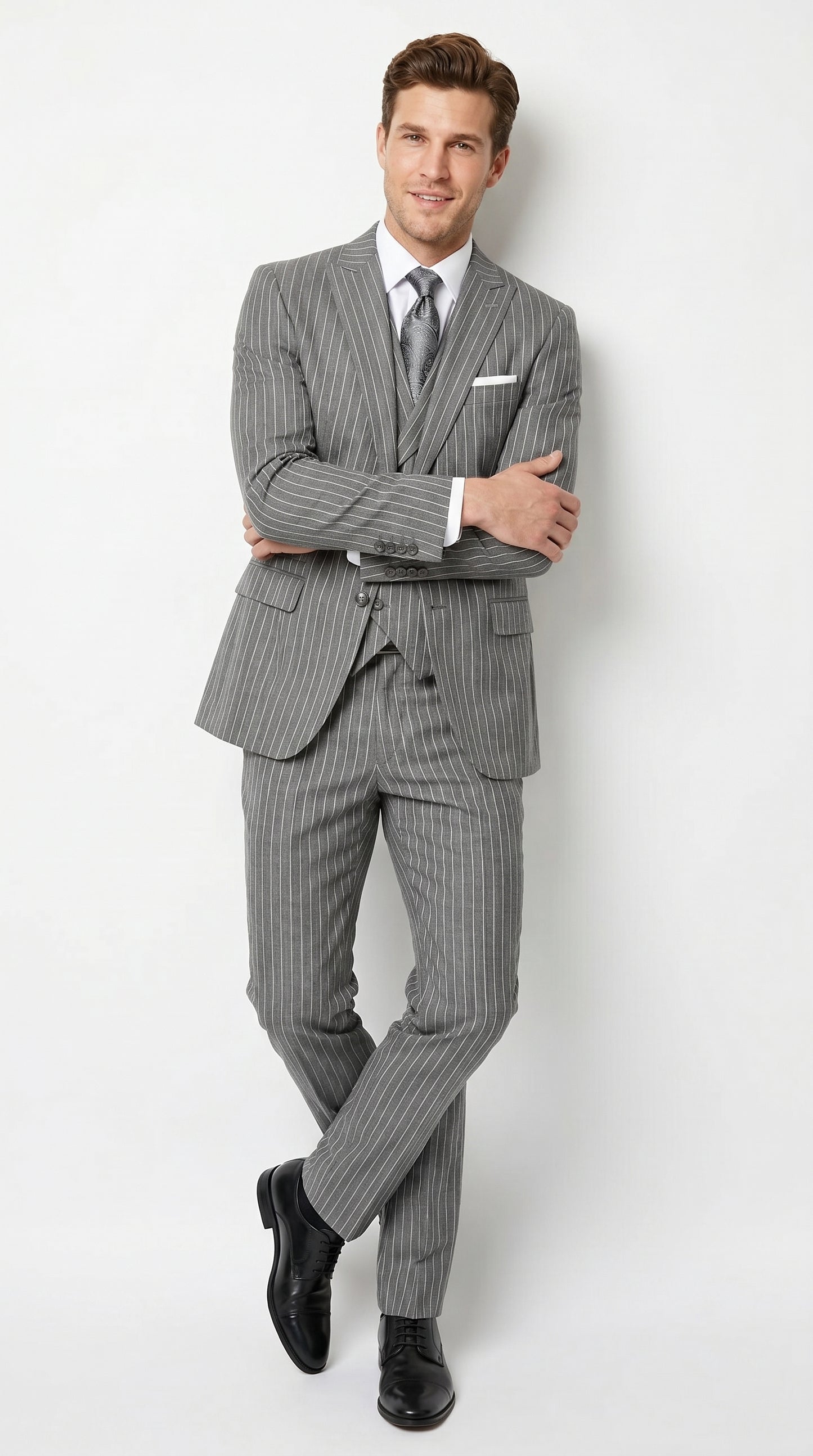Men’s Gray Gangster Pinstripe 3 Piece Suit with 2 Button Jacket and Double Breasted Vest