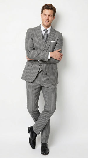 Men’s Gray Gangster Pinstripe 3 Piece Suit with 2 Button Jacket and Double Breasted Vest