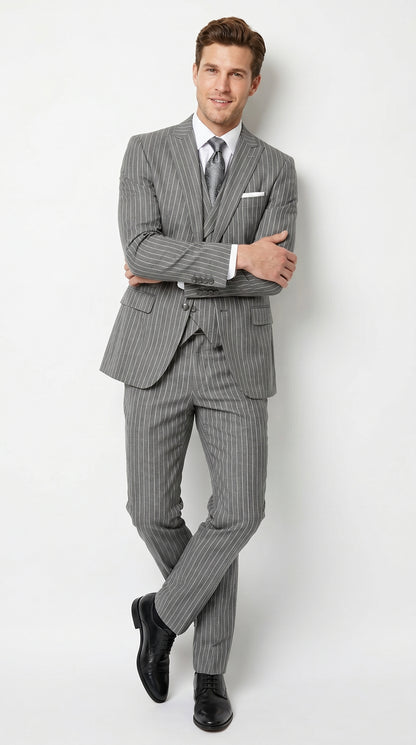 Men’s Gray Gangster Pinstripe 3 Piece Suit with 2 Button Jacket and Double Breasted Vest