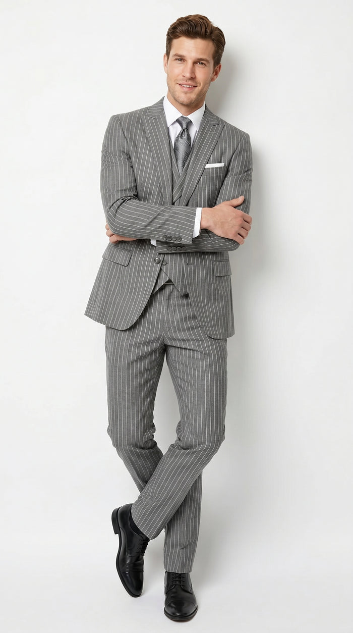 Men’s Gray Gangster Pinstripe 3 Piece Suit with 2 Button Jacket and Double Breasted Vest