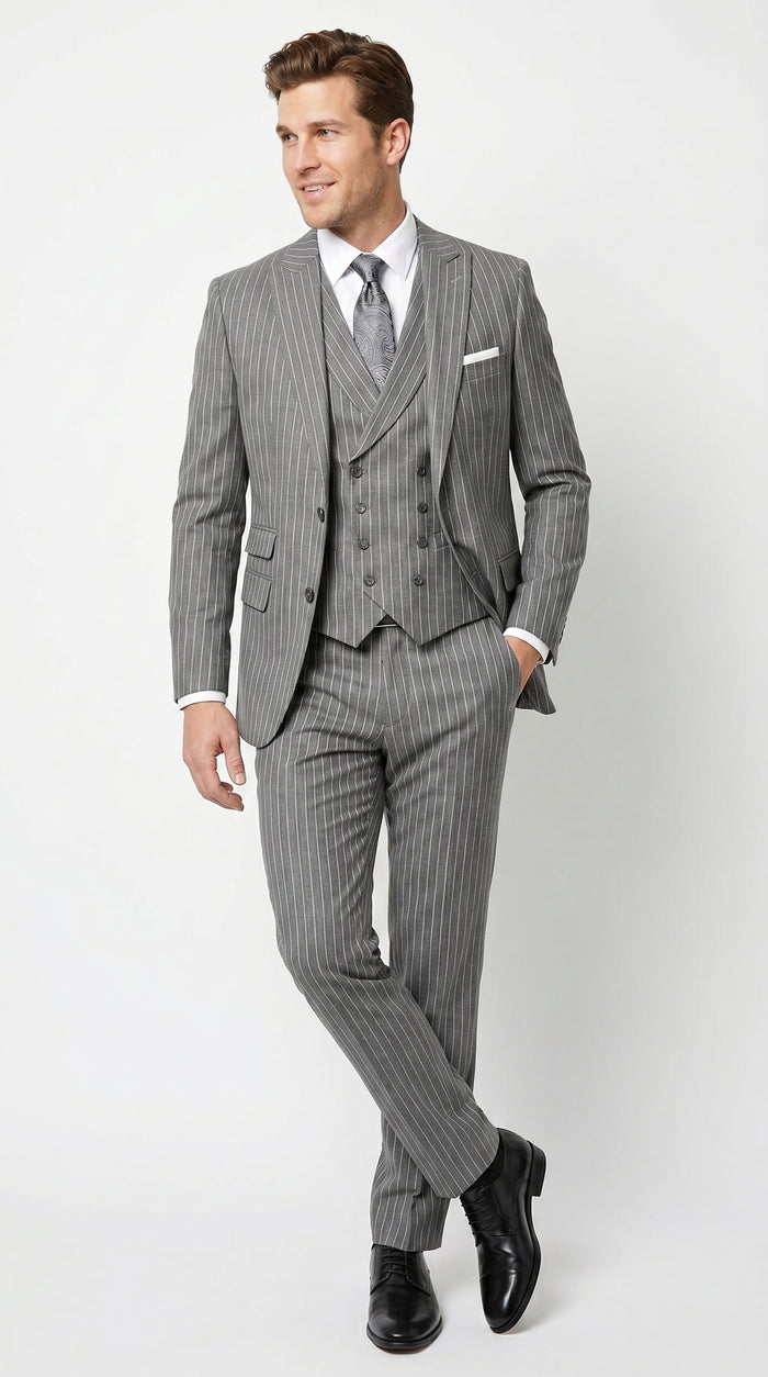 Men’s Gray Gangster Pinstripe 3 Piece Suit with 2 Button Jacket and Double Breasted Vest