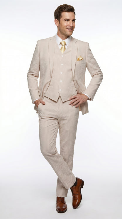 Men’s Tan Seersucker Summer Suit with 2 Button Jacket, Vest and Matching Pants