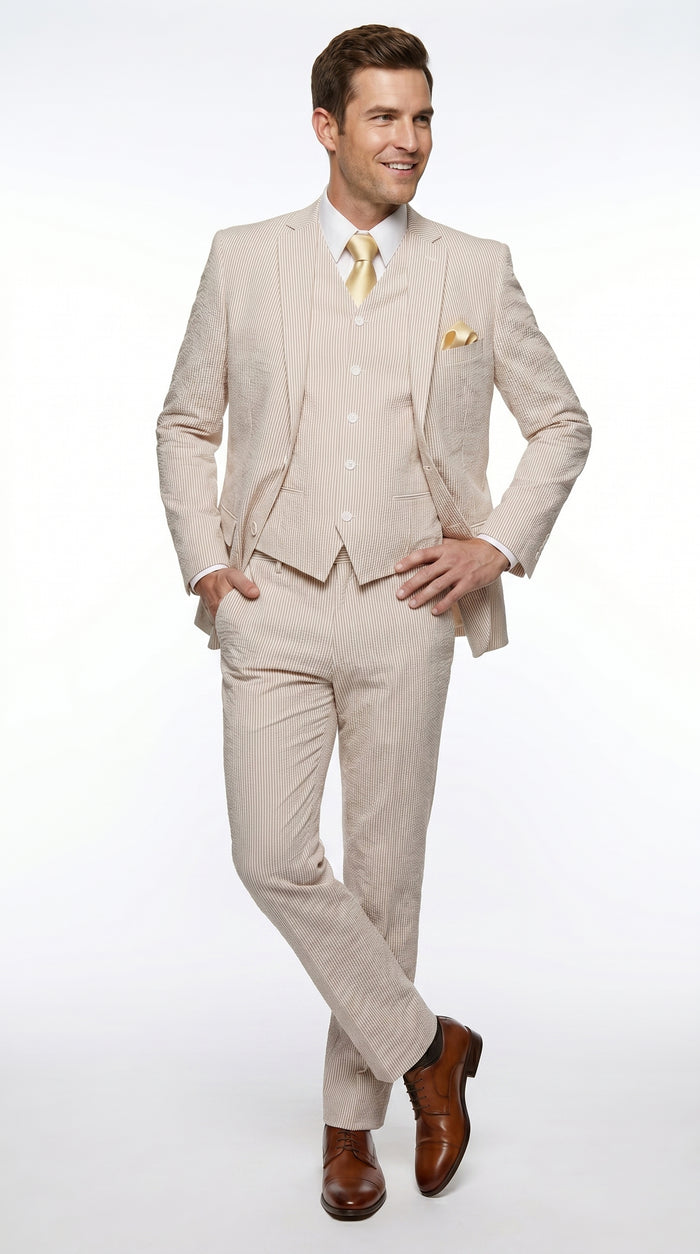 Men’s Tan Seersucker Summer Suit with 2 Button Jacket, Vest and Matching Pants