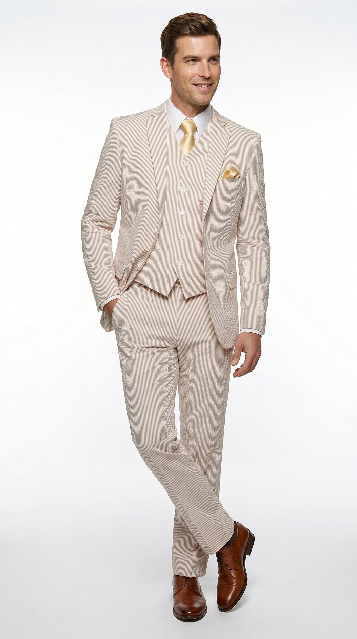 Men’s Tan Seersucker Summer Suit with 2 Button Jacket, Vest and Matching Pants