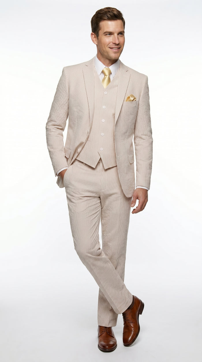 Men’s Tan Seersucker Summer Suit with 2 Button Jacket, Vest and Matching Pants