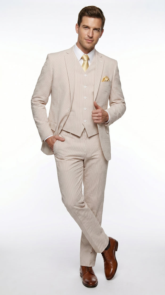 Men’s Tan Seersucker Summer Suit with 2 Button Jacket, Vest and Matching Pants