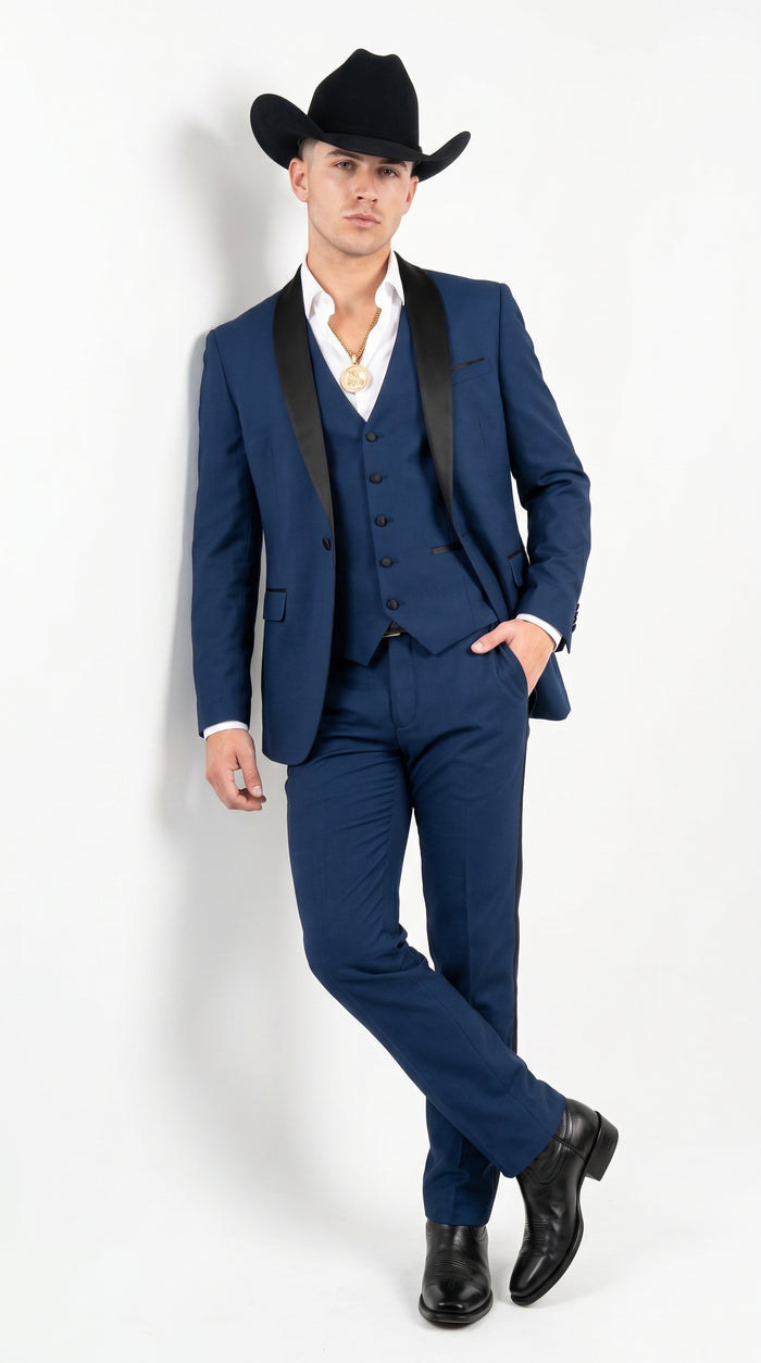 Men’s Sapphire Indigo Western Tuxedo Suit – Cobalt Blue Cowboy Formal Suit with Black Shawl Collar, Vest & Pants
