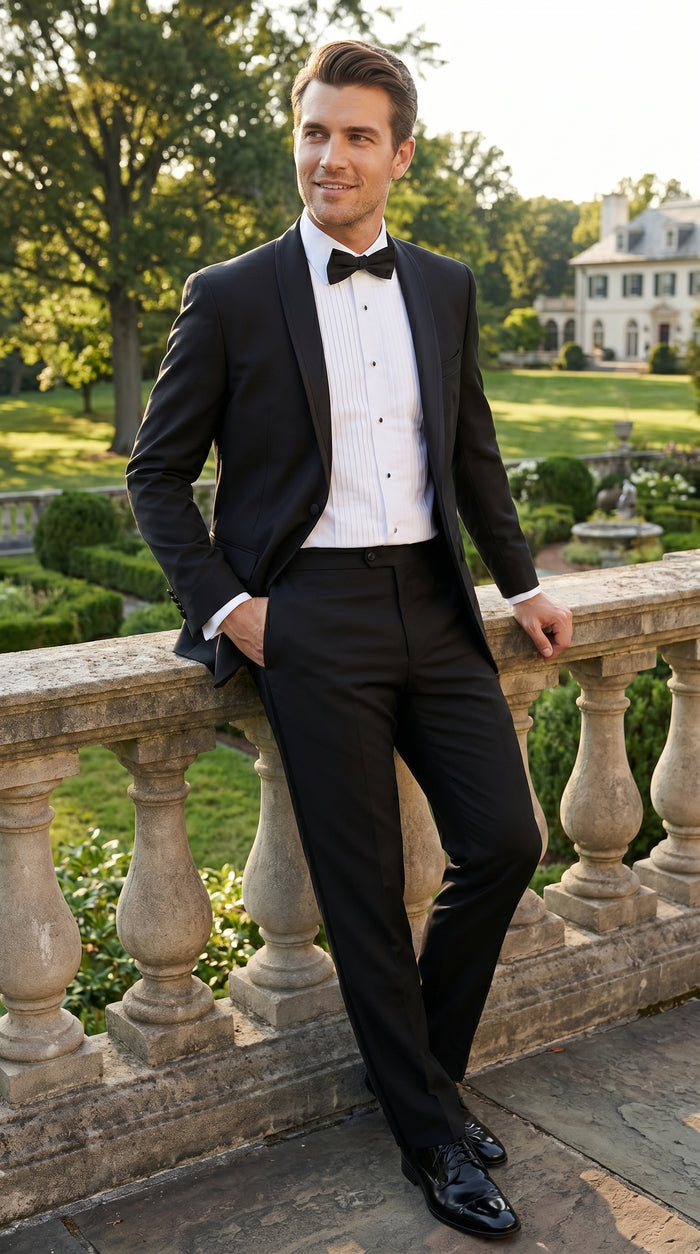 Men’s Black 1 Button Shawl Tuxedo with Black Satin Trim, Formal Wedding Dinner Suit
