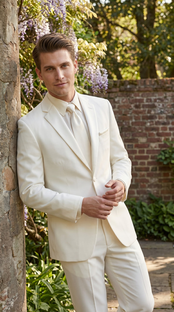 Men’s Ivory Classic Notch Tuxedo with 1 Button Jacket and Matching Pants, Formal Wedding Suit
