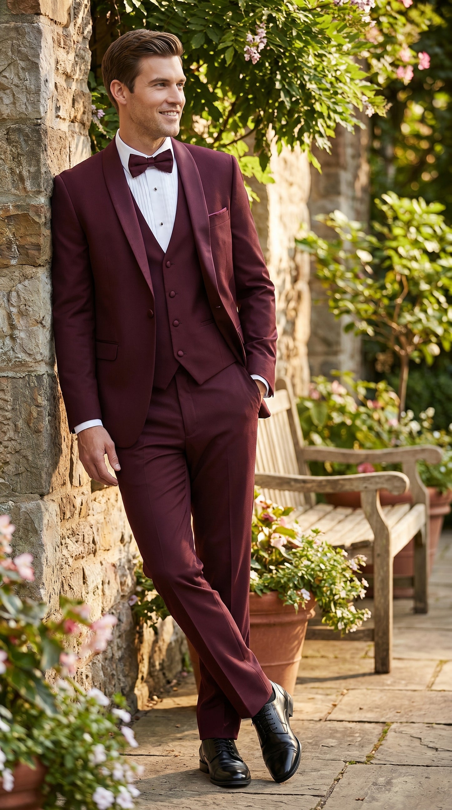 Men’s Burgundy Wool Vested Shawl Prom Tuxedo with One Button Jacket and Matching Pants