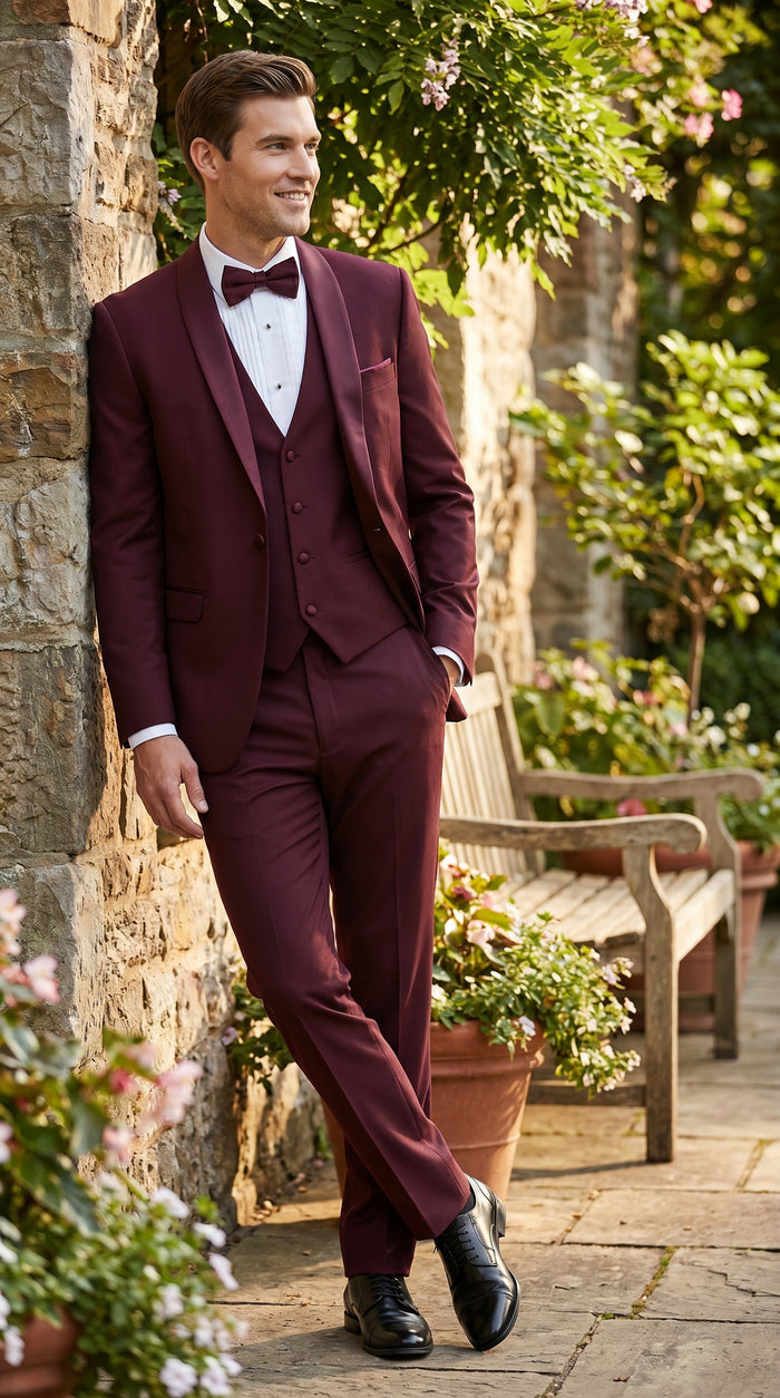Men’s Burgundy Wool Vested Shawl Prom Tuxedo with One Button Jacket and Matching Pants