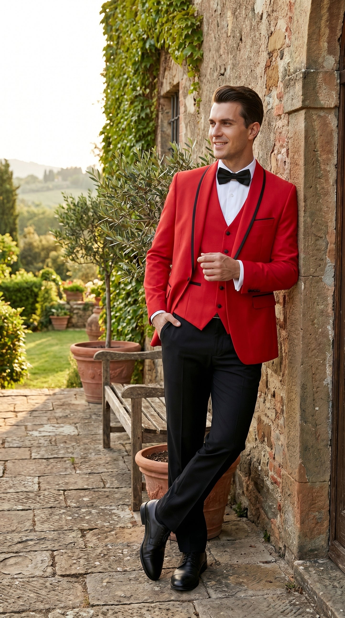 Men’s Red and Black One Button Shawl Tuxedo with Satin Trim, Formal Wedding Prom Dinner Suit