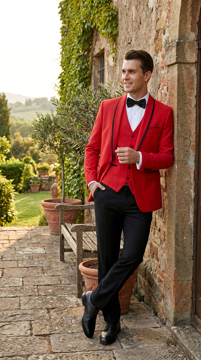 Men’s Red and Black One Button Shawl Tuxedo with Satin Trim, Formal Wedding Prom Dinner Suit