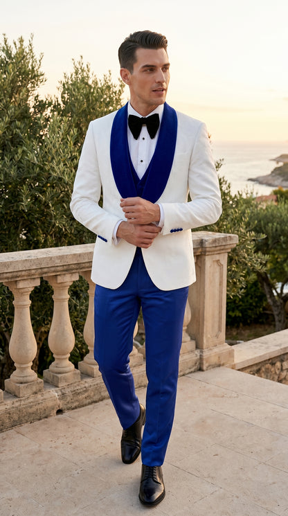 Men’s White Paisley Wedding Tuxedo with Royal Blue Velvet Shawl Lapel, Vested Prom Formal Suit Set