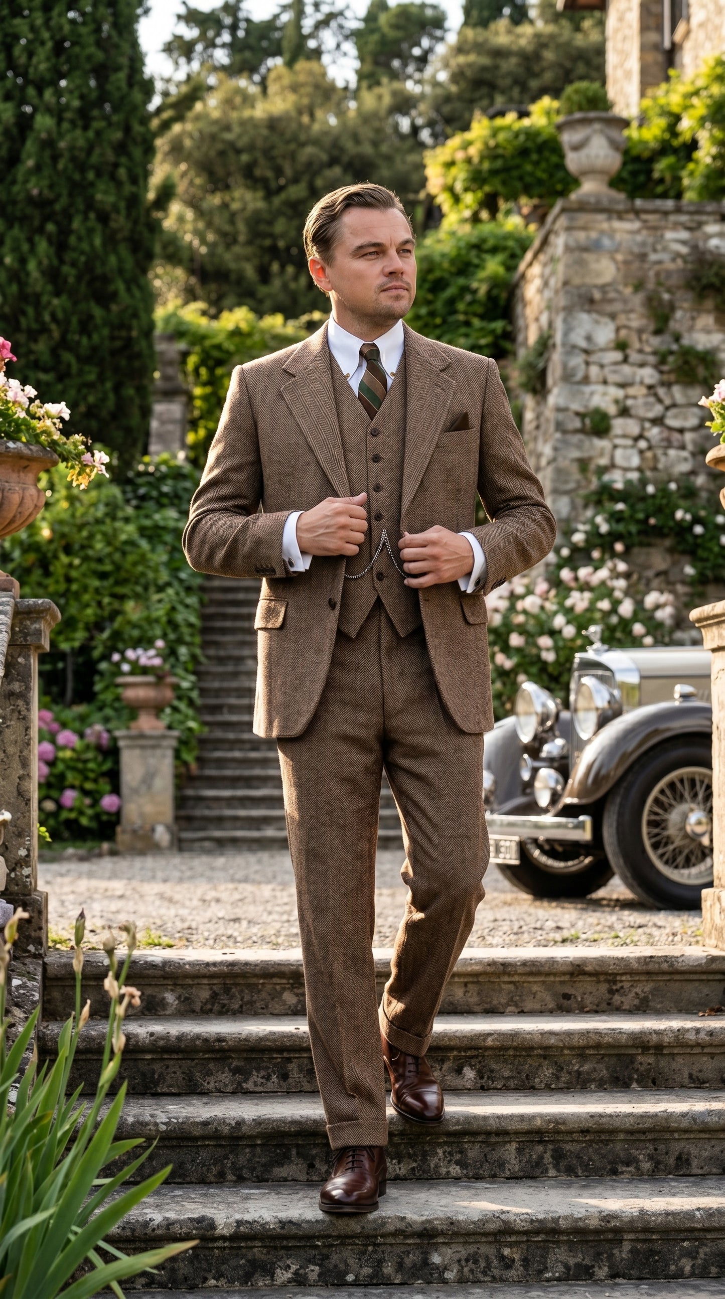 Men’s Light Brown Tweed Herringbone 3 Piece Great Gatsby Suit, Vested Vintage Wedding Formal Suit Set