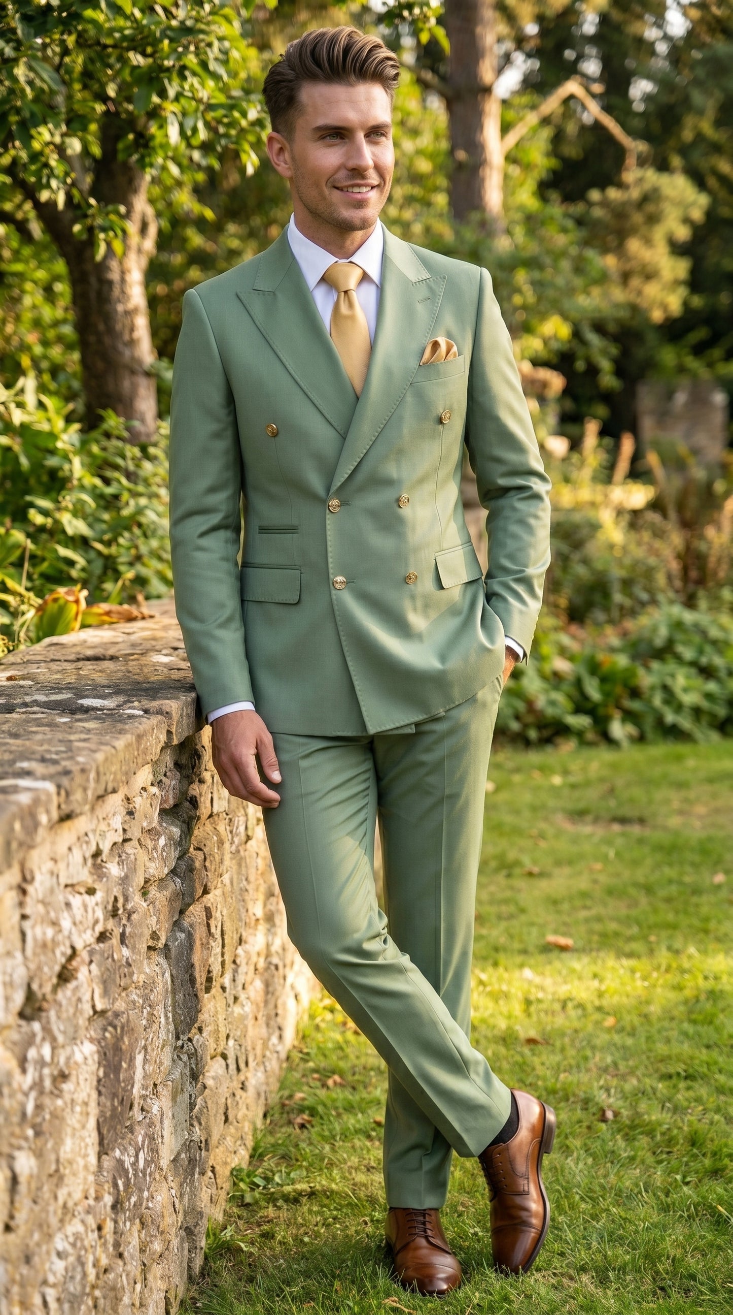 Men’s Sage Green Double Breasted 2 Piece Suit with Gold Buttons, Pistachio Formal Dress Suit