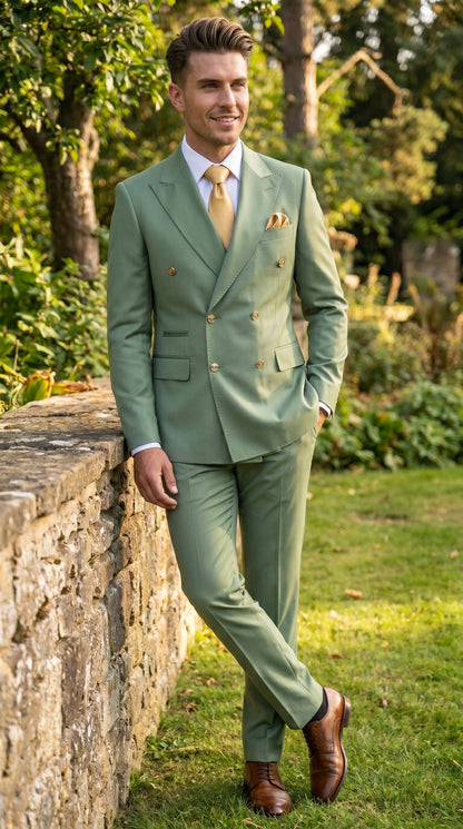 Men’s Sage Green Double Breasted 2 Piece Suit with Gold Buttons, Pistachio Formal Dress Suit