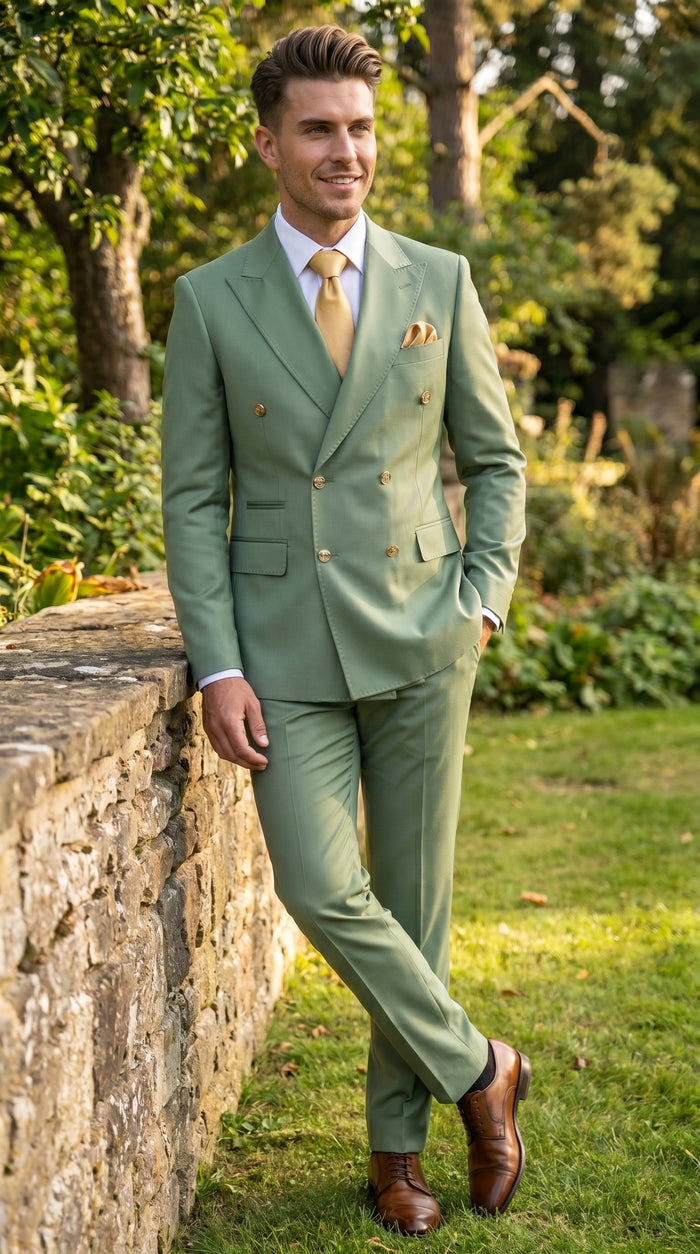 Men’s Sage Green Double Breasted 2 Piece Suit with Gold Buttons, Pistachio Formal Dress Suit