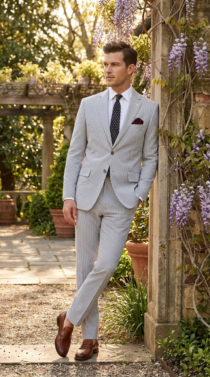 Men’s Black Pinstripe Summer Seersucker 2 Piece Suit with Jacket and Matching Pants