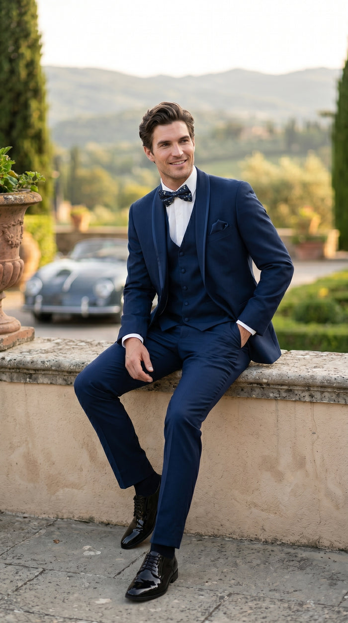 Men’s Sapphire Blue Vested Shawl Lapel Tuxedo with Satin Trim, Formal Wedding Prom Dinner Suit Set