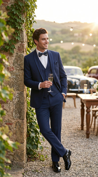 Men’s Sapphire Blue Vested Shawl Lapel Tuxedo with Satin Trim, Formal Wedding Prom Dinner Suit Set