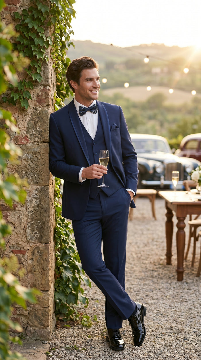 Men’s Sapphire Blue Vested Shawl Lapel Tuxedo with Satin Trim, Formal Wedding Prom Dinner Suit Set