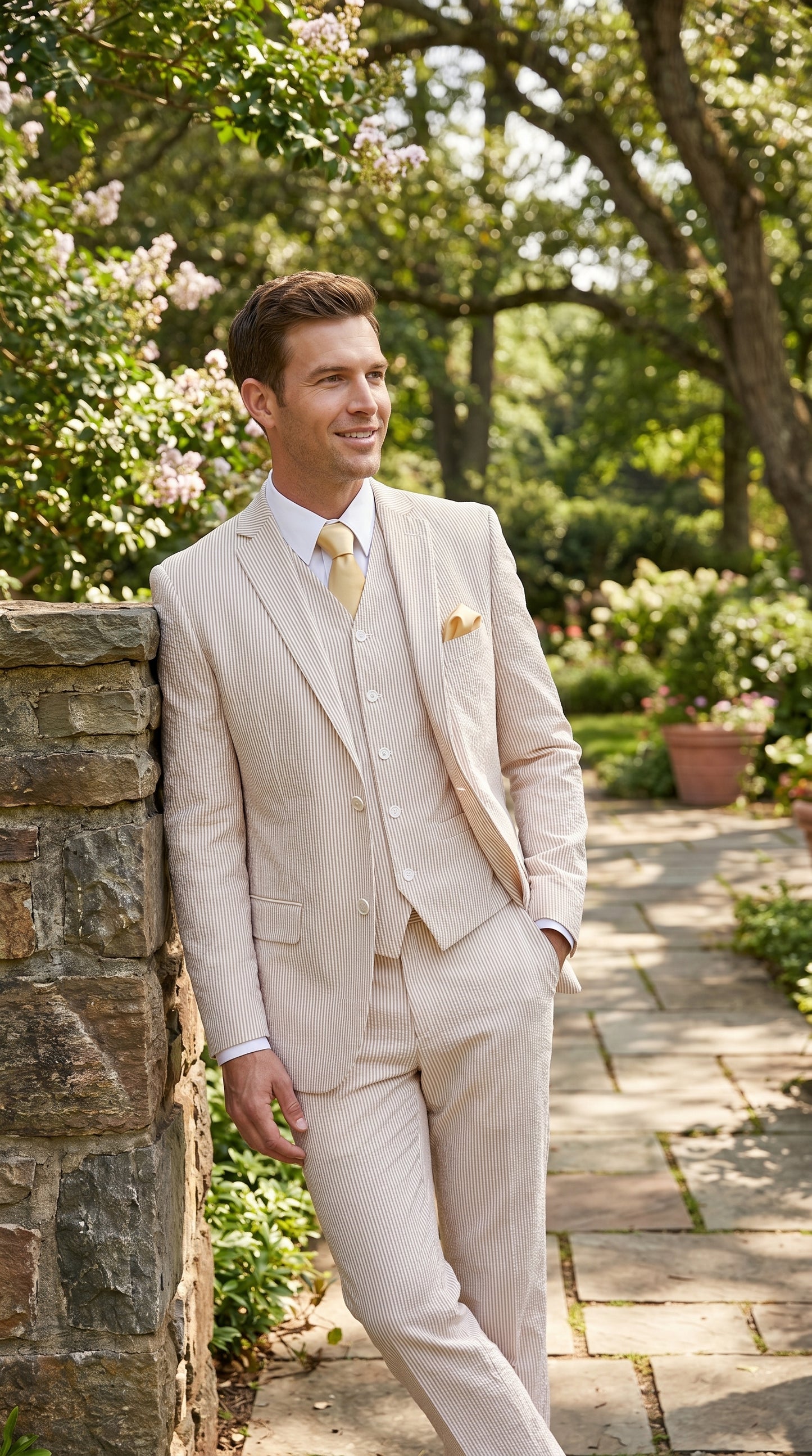 Men’s Tan Seersucker Summer Suit with 2 Button Jacket, Vest and Matching Pants