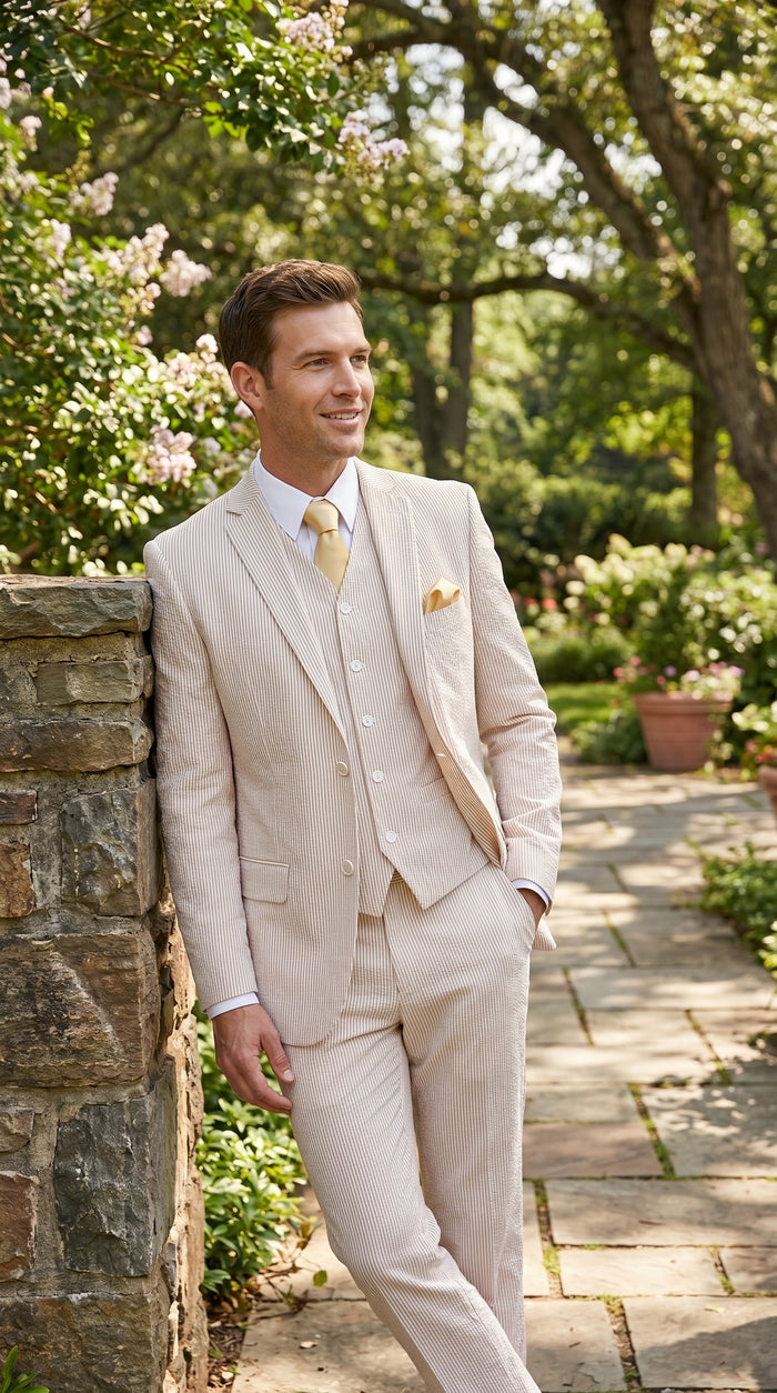 Men’s Tan Seersucker Summer Suit with 2 Button Jacket, Vest and Matching Pants