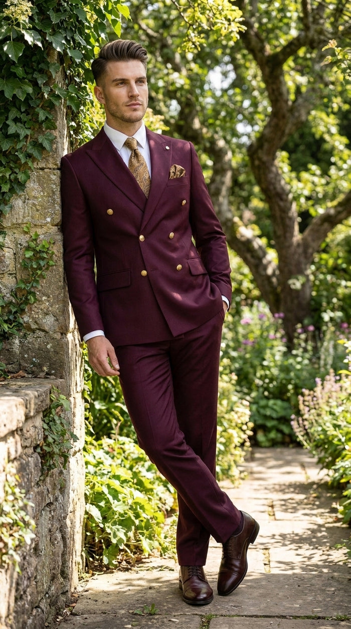 Men’s Burgundy Double Breasted Suit with Gold Buttons, Formal Wedding Prom Dress Suit