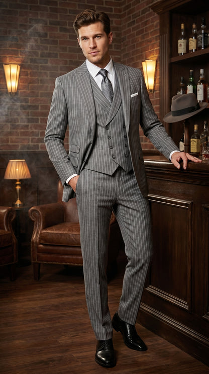 Men’s Gray Gangster Pinstripe 3 Piece Suit with 2 Button Jacket and Double Breasted Vest