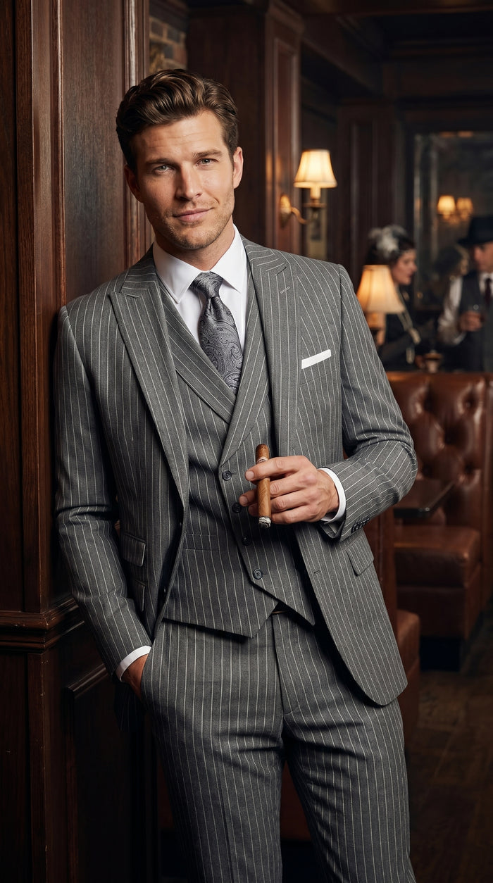 Men’s Gray Gangster Pinstripe 3 Piece Suit with 2 Button Jacket and Double Breasted Vest