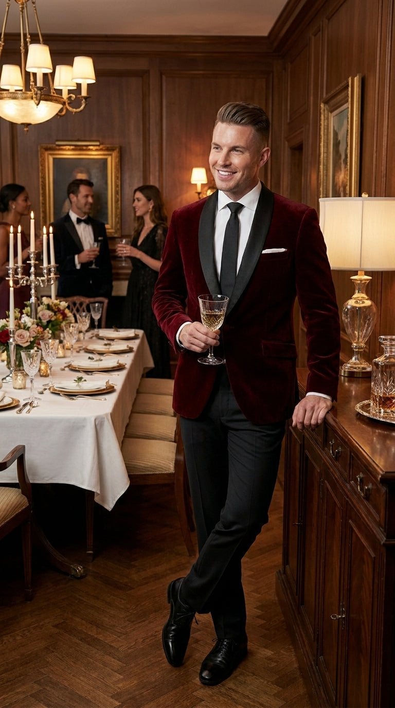 Men's One Button Velvet Shawl BMen’s Burgundy Velvet One Button Tuxedo Jacket, Black Shawl Collar Formal Dinner Blazer for Weddings, Prom, Parties, and Special Occasionsurgundy Collar Tuxedo Jacket