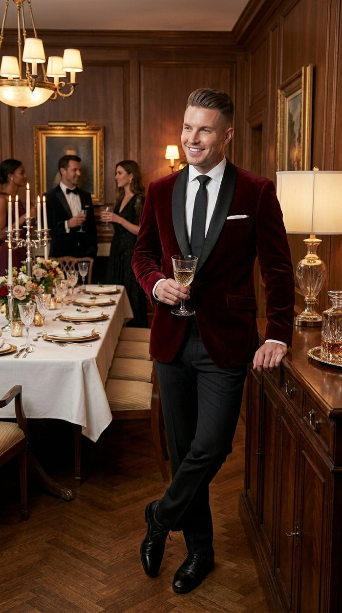 Men's One Button Velvet Shawl BMen’s Burgundy Velvet One Button Tuxedo Jacket, Black Shawl Collar Formal Dinner Blazer for Weddings, Prom, Parties, and Special Occasionsurgundy Collar Tuxedo Jacket