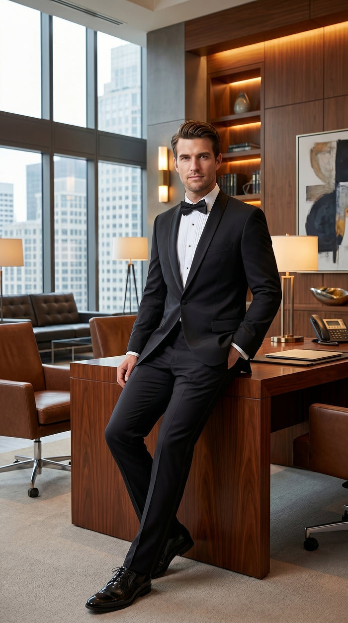 Men’s Black 1 Button Shawl Tuxedo with Black Satin Trim, Formal Wedding Dinner Suit