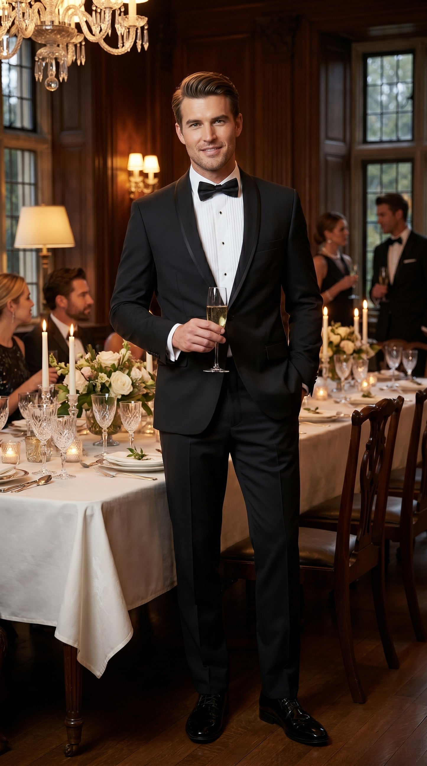 Men’s Black 1 Button Shawl Tuxedo with Black Satin Trim, Formal Wedding Dinner Suit