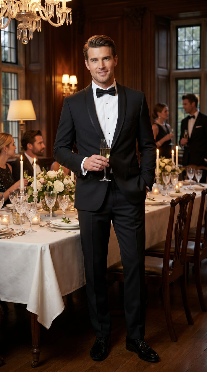 Men’s Black 1 Button Shawl Tuxedo with Black Satin Trim, Formal Wedding Dinner Suit
