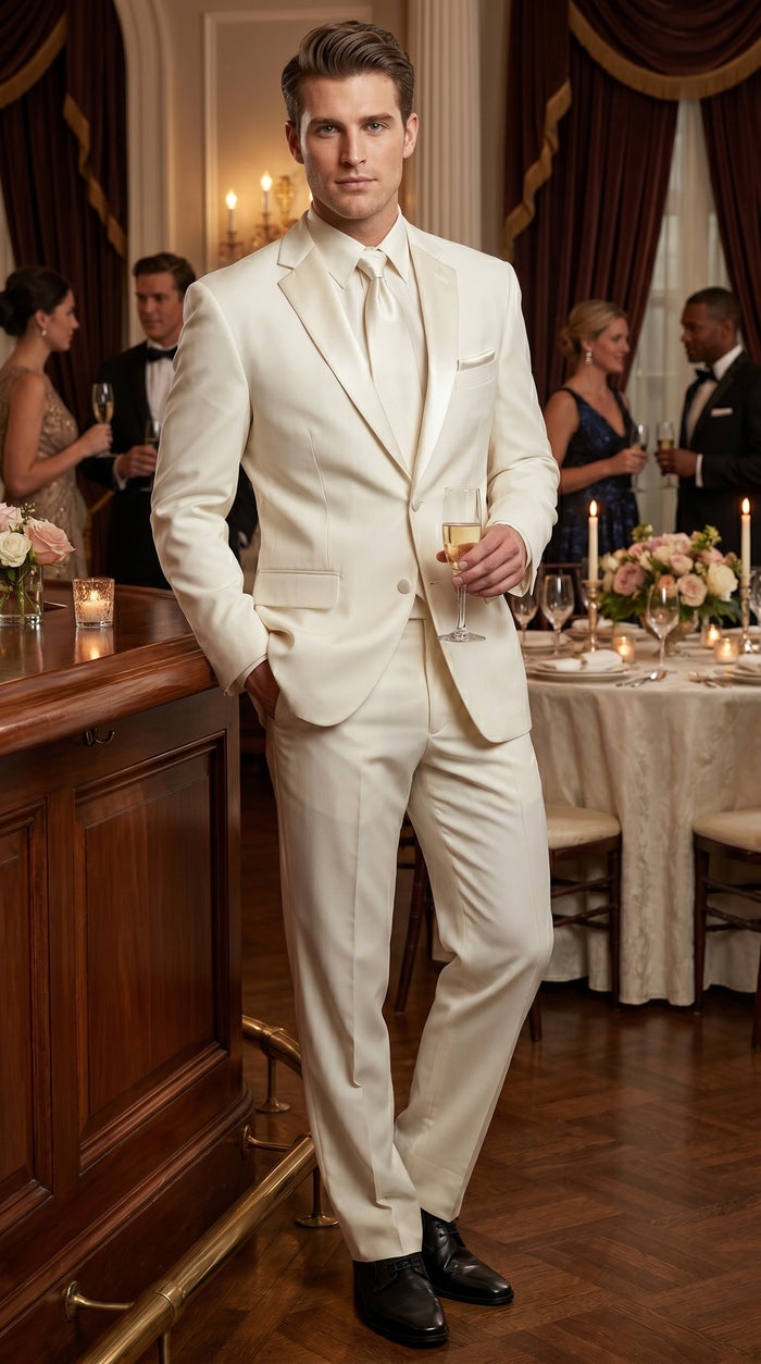 Men’s Ivory Classic Notch Tuxedo with 1 Button Jacket and Matching Pants, Formal Wedding Suit