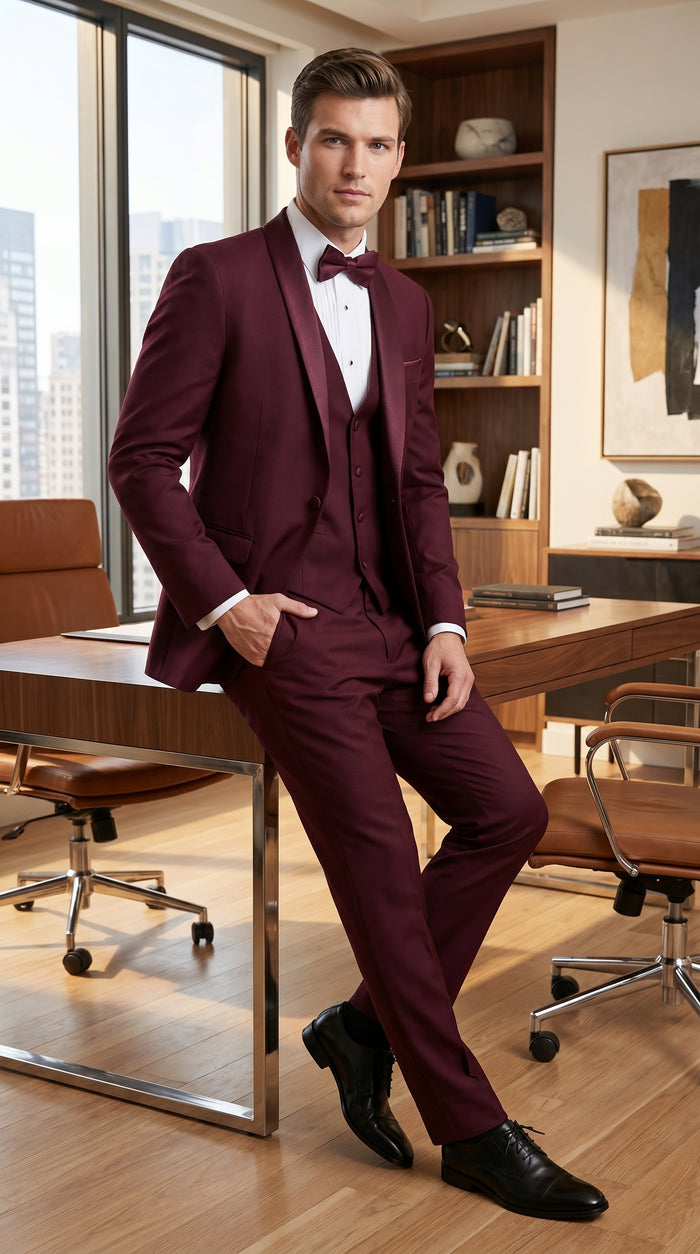 Men’s Burgundy Wool Vested Shawl Prom Tuxedo with One Button Jacket and Matching Pants